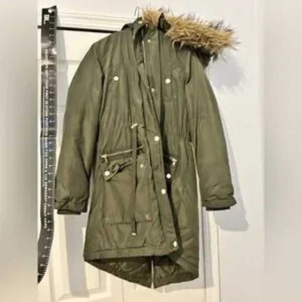 heavy weighted ladies tts L beautiful new Olive Green Parka with Faux Fur Trim - Picture 12 of 12